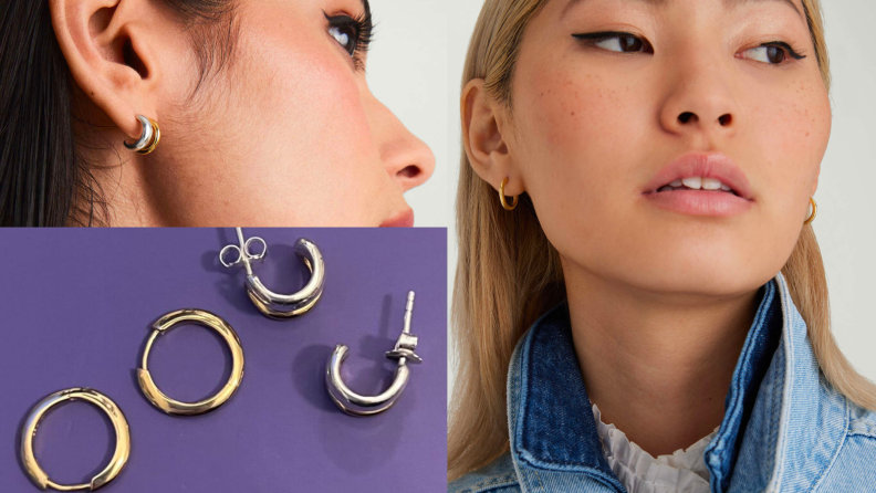 Three images, the first of a pair of silver and gold hoop earrings seen on an ear, the second of the same earrings laid out next to a pair of gold hoops, and the third of the same gold hoops from the second image, seen on a model.