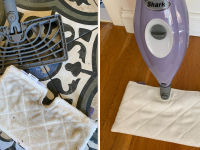 A split image of the Shark Steam Pocket Mop's microfiber pad with dirt on it and the mop resting against a wall.