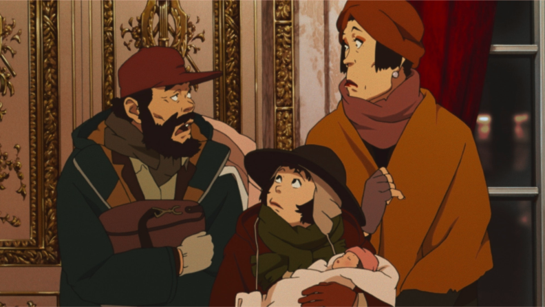 Three animated characters bundle warmly against a harsh winter while carryinig a baby in the animated classic Tokyo Godfathers (20030