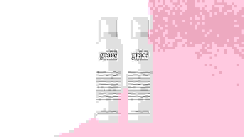 two light pink cans of Philosophy dry shampoo