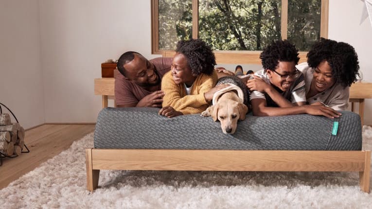 A family and their dog cuddle on a Tuft & Needle mattress.