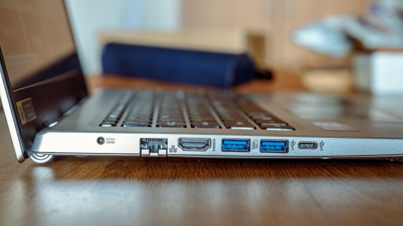 A side view showing the laptop's ports