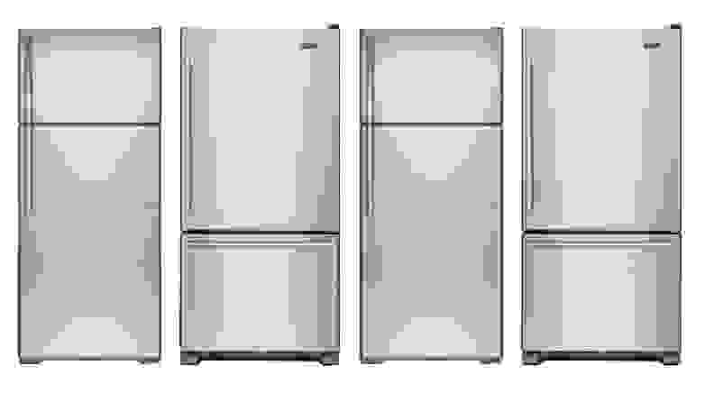 A series of fridges, alternating between top-freezer and bottom-freezer