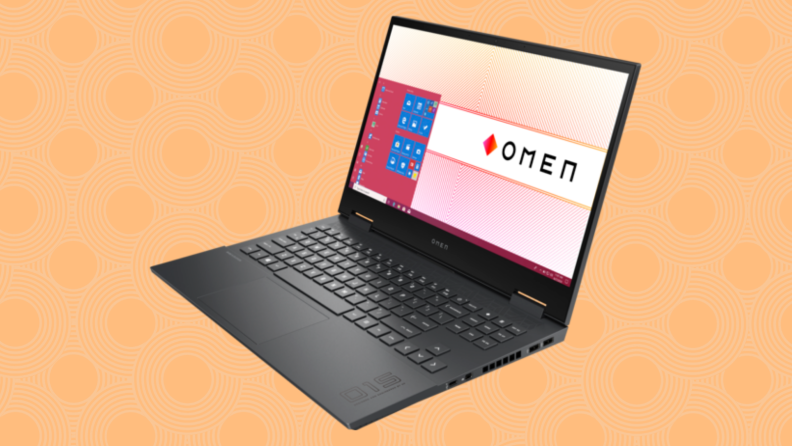 HP omen laptop on an orange background