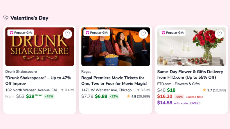 A screenshot of a Groupon Valentine's Day deals page featuring discounted experiences and gifts. The offers include tickets to 