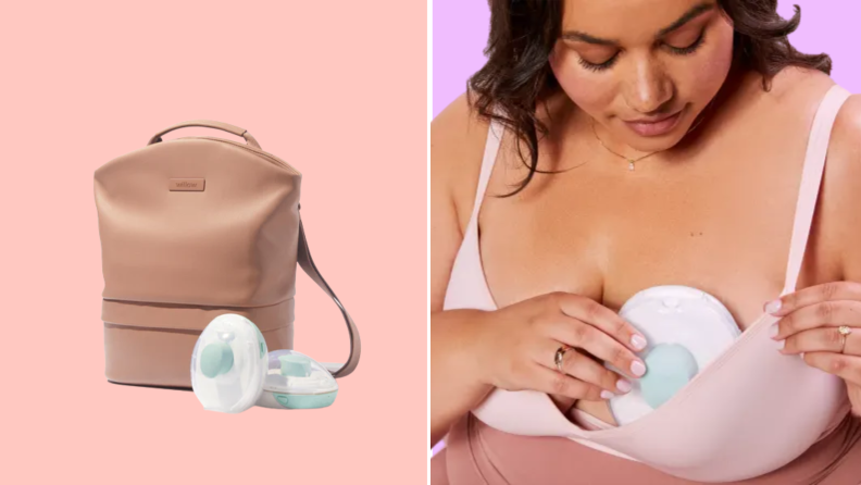 On right, person taking off the Willow Go breast pump. On right, box packaging for the Willow Go breast pump.