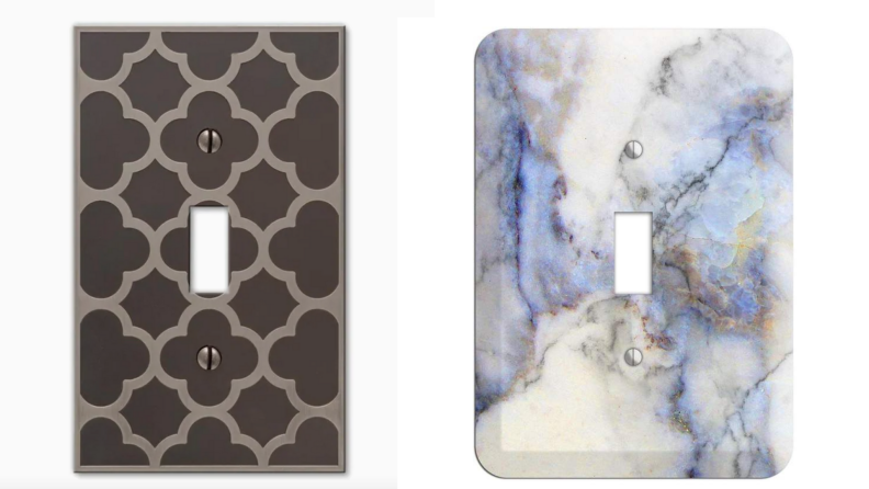 On left, antique brown patterned wall covering. On right, blue and white marble patterned wall covering