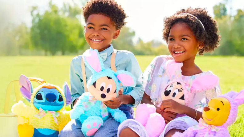 Two children play outside during Easter celebrations.