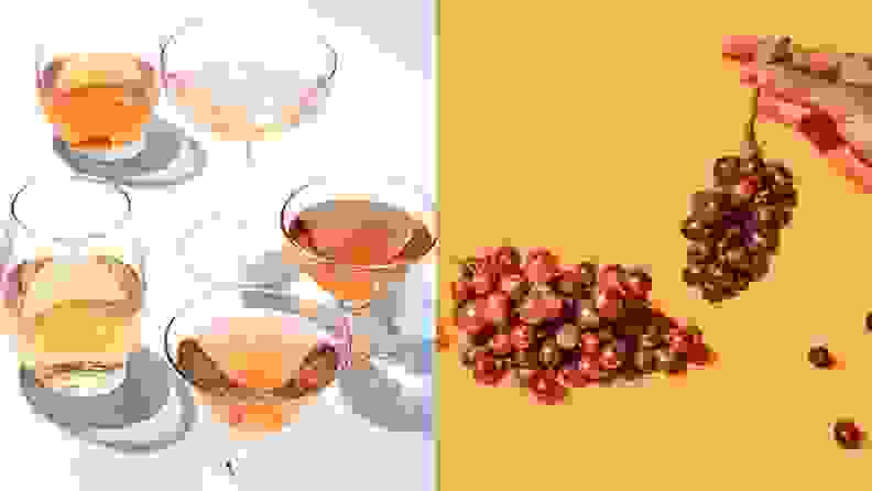 On left, a photo of orange and pink wines in various glass shapes on a white background. On right, a hand holding a bunch of grapes while another bunch lies next to it on orange background.