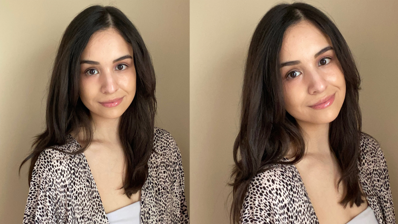 A before and after shot of a brunette.