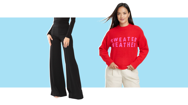 A model wearing high-waisted trousers, a Sweater Weather sweater.
