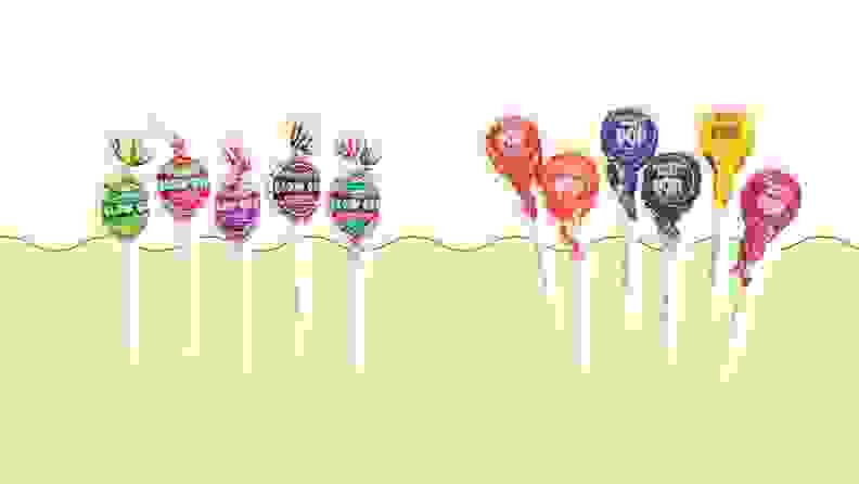 Blow Pops and Tootsie Rolls on green and beige background