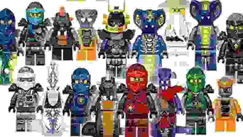 An array of mini figures modeled after the characters in LEGO Ninjago