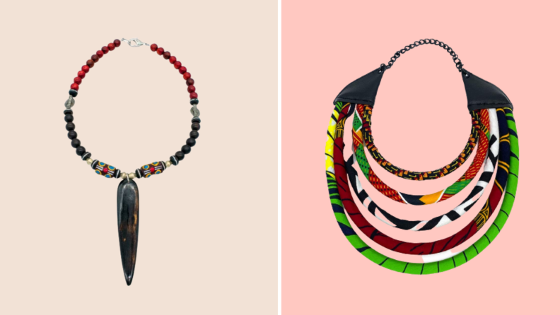 Two necklaces, one made of wooden beads with a long central pendant, and the other made from fabric wrapped pieces.