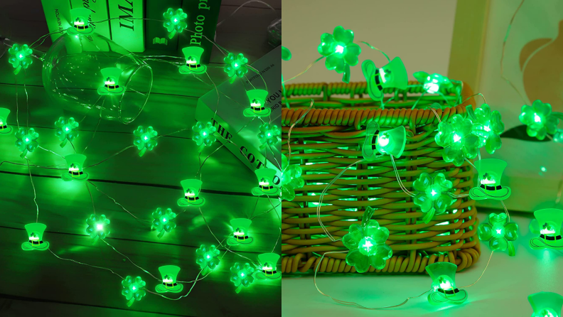 Shamrock and hat shaped green glowing lights.