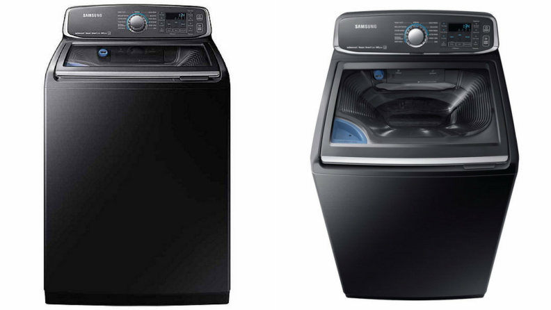 Handsome in black stainless steel, this full-featured top-loading washer is safe to use, and has an attached scrub sink