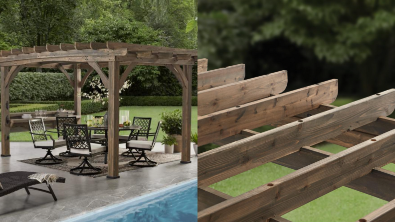 A close up of a wooden pergola in a backyard.