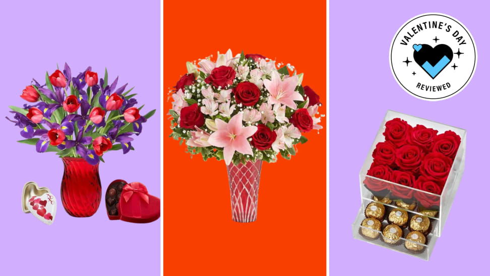 A collection of flower bouquets with the Valentine's Day Reviewed badge in front of colored backgrounds.
