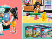 Different Lego Friends characters and Lego boxes on pink, yellow, and green backgrounds.