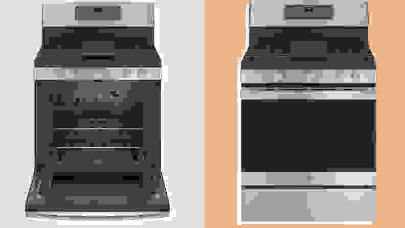 Two images of the GE range, one with door open, next to each other on an orange background