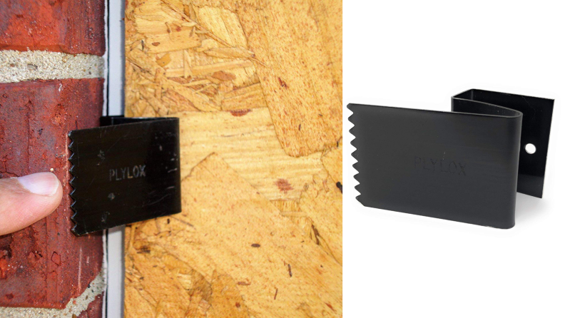 Left: Pylox clip connecting wall to plywood board, Right: Pylox clip on white backdrop