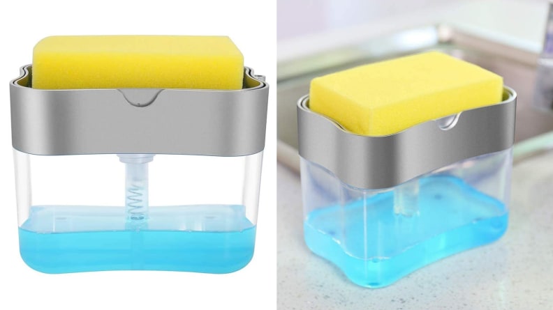 Soap dispenser with sponge on top filled with blue liquid soap and next to a sink.