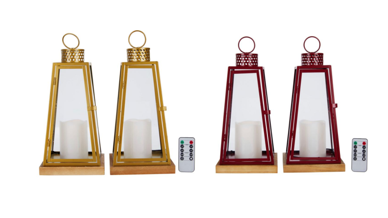 Two images of the same set of wood and metal lanterns, one in
