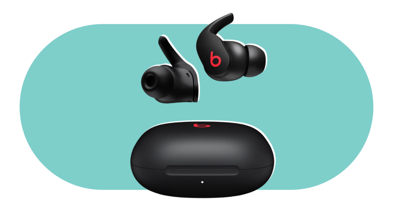 Beats Fit Pro earbuds pictured above their case on a colorful background