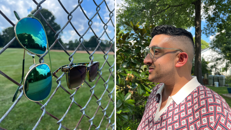 The author wearing a light green pair of readers, and two additional pairs of sunglasses hanging off of a fence.