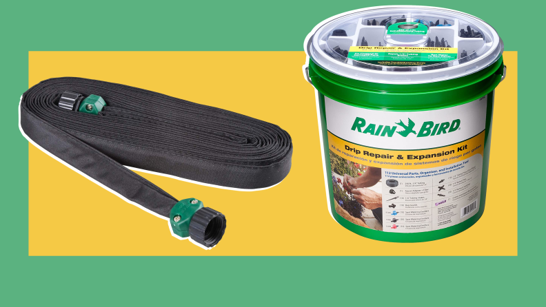 A flat soaker hose and a container of irrigation repair materials against a yellow and green background.