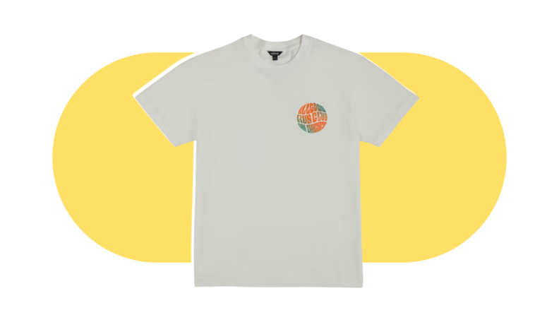 A white T-shirt with a multicolored graphic print that reads “All good run club San Francisco.”