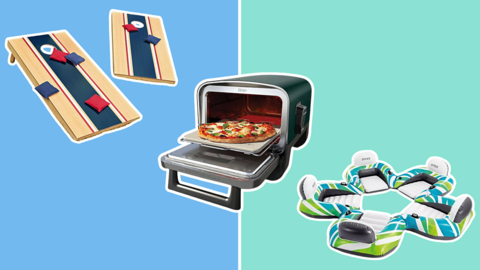 Two cornhole boards, a pizza oven with a pizza in it, and an inflatable five-seat island.