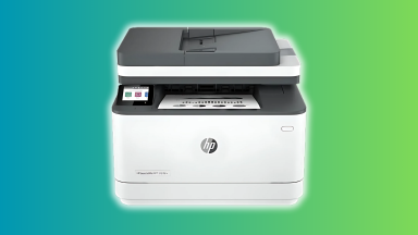 HP laser printer with touchscreen display on a gradient green and blue background.