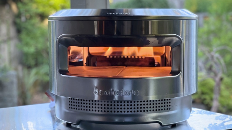 Interior of Solo Stove Pizza Oven outdoors.