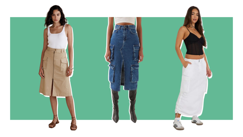Three women wearing three different styles of mid-length skirts in white, denim, and a tan cargo skirt.