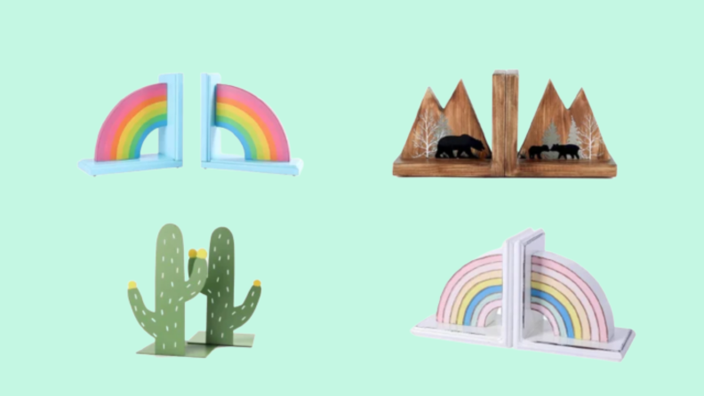 Four sets of beautiful, kid-friendly bookends. Two rainbows, cacti, and a mountain scene.