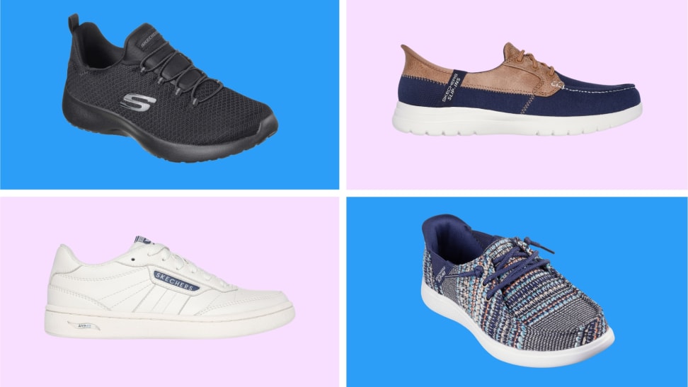 Various Skechers shoes on sale in front of colored backgrounds.