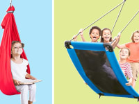 Aokitec and Hearthsong sensory swings in a side-by-side image on a colorful background