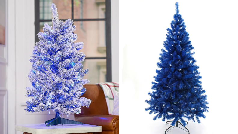 Two images of blue Christmas trees.