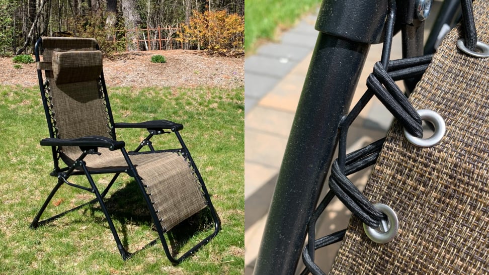 On left, tan Kohl’s Sonoma Goods For Life regular antigravity chair outdoors on grass. On right, close up of tan Kohl’s Sonoma Goods For Life regular antigravity chair.