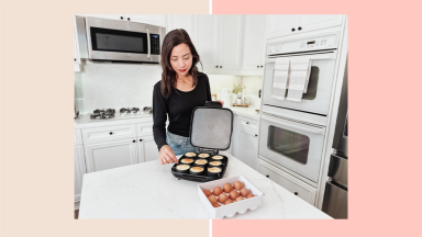 Woman opening a Dash Egg Bite Maker on a kitchen counter