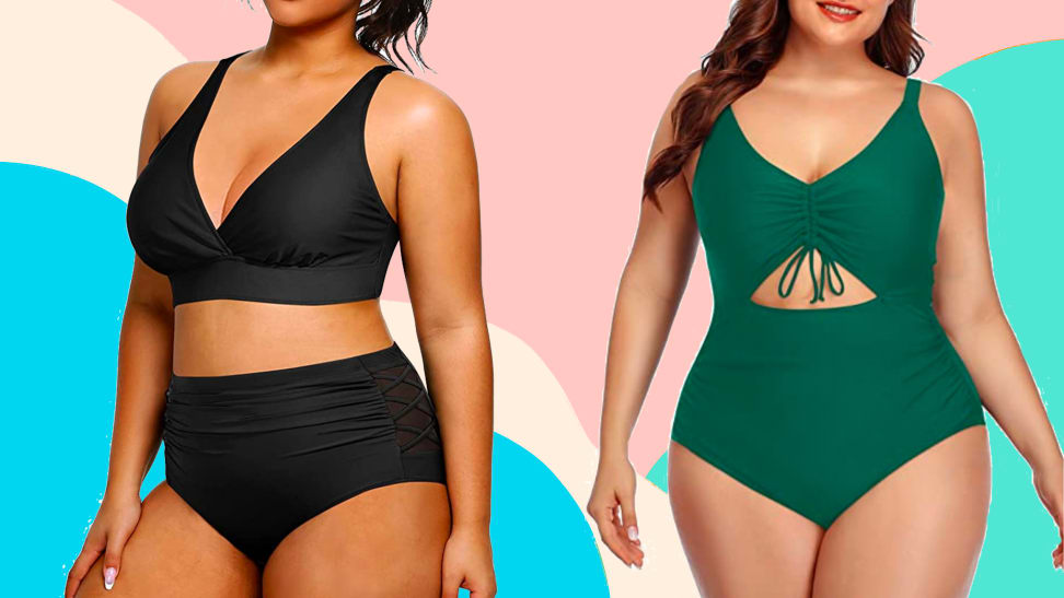 Two images of swimsuits on a colorful background. The first swimsuit is a black bikini with a plunging v neckline and a high waist, the second is a bright green one-piece with a triangular cutout beneath the bust and a cinching tie.