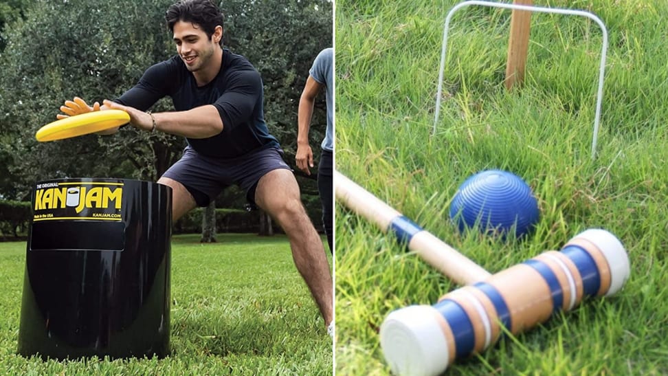 1) a person plays Kan Jam outside. 2) Close up of a croquet mallet and ball.