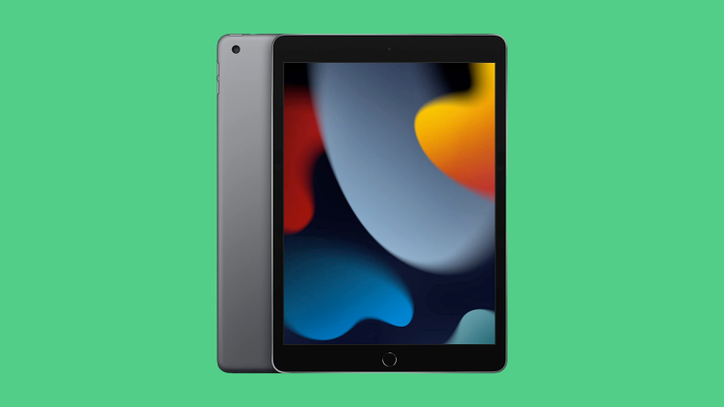 A ninth generation iPad on a green background.