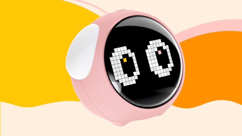 An emoji-style alarm clock with blinking eyes.