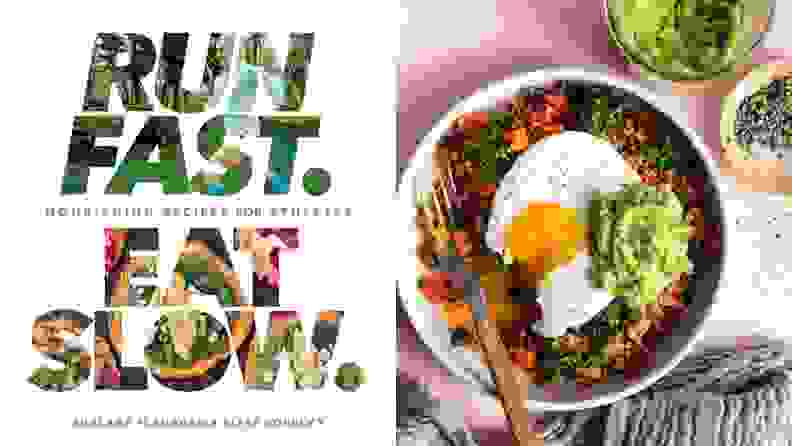 Left: book cover of Run Fast, Eat Slow. Right: plate of grains and veggies topped with an egg