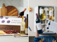 A collage with a Firstleaf box and someone opening a box up and looking at a bottle of wine.