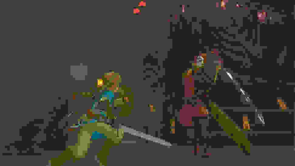 Link battles a Yiga ninja in an underground hideout.