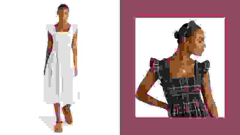 Left: Person wearing cotton nightgown; Right: Person wearing plaid cotton nightgown