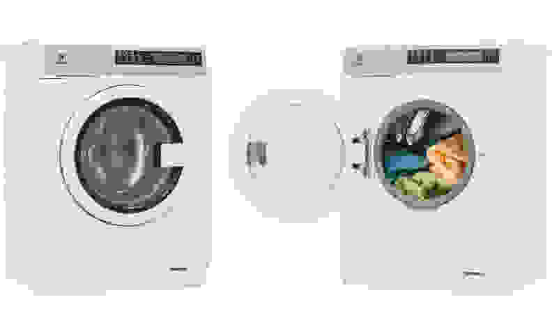 Two instances of the Electrolux float in a white void. One is a three-quarters view facing right, with the door closed. Next to it is another one in a three-quarters view facing to the left, with its door open, showcasing some colorful laundry inside.